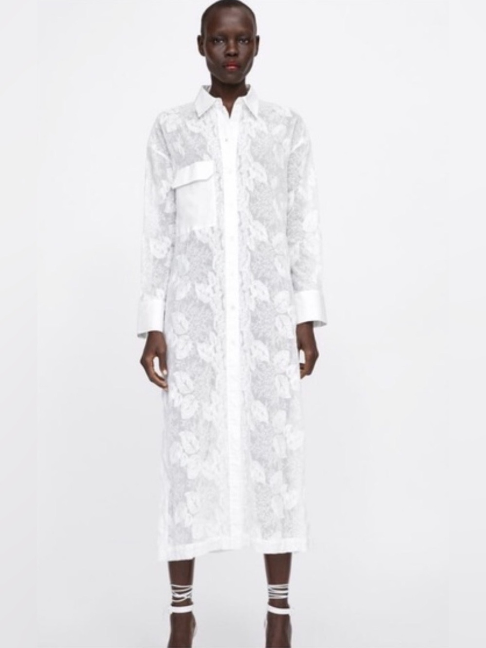 Zara Sz S Ivory Lace Long Shirt Dress Buttoned Down Contrasting Collar Cuffs